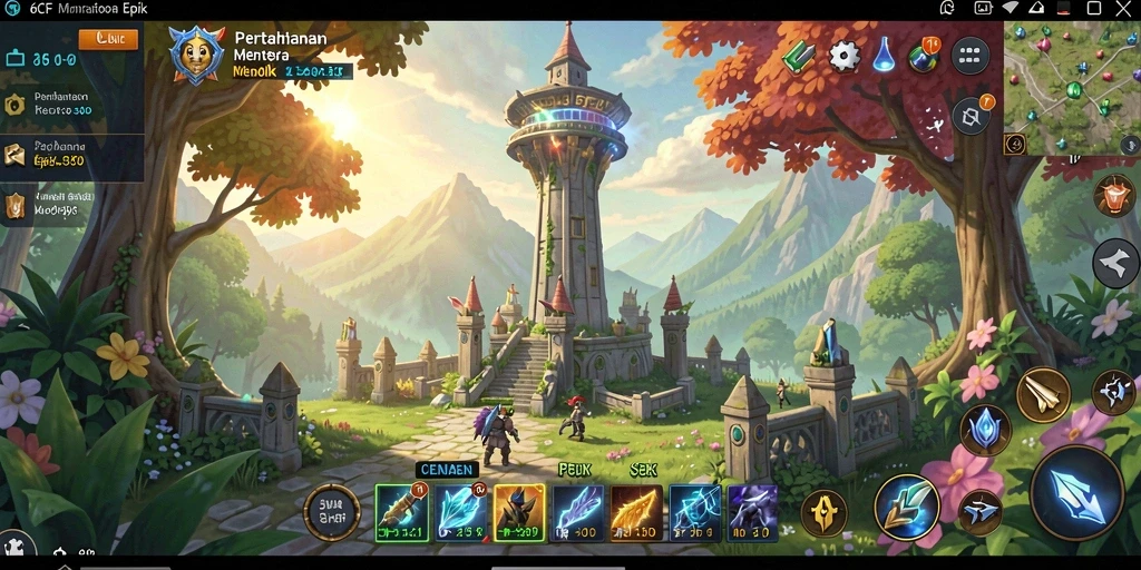 Screenshot gameplay Tower Defense menampilkan pertarungan seru.