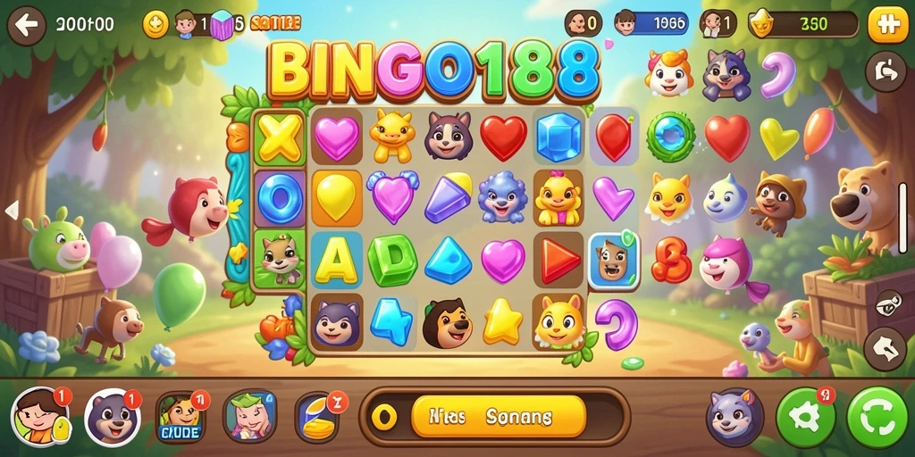 Tampilan gameplay seru BINGO188 dengan pencocokan gem Match-3.