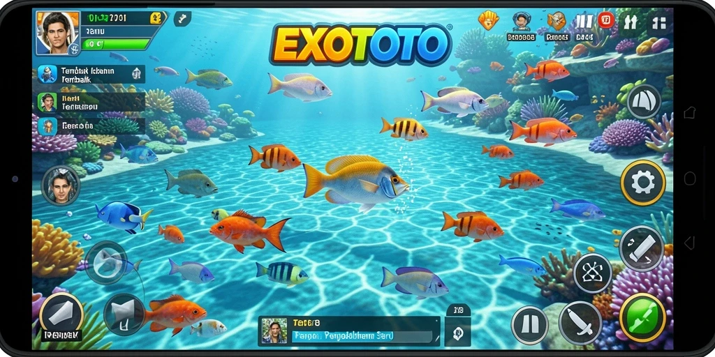 Screenshot gameplay EXOTOTO menampilkan aksi menembak ikan yang seru.