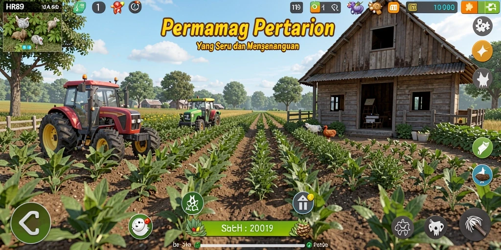 Tampilan gameplay HR89 yang menampilkan aktivitas bertani seru.