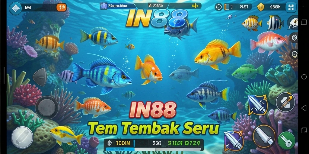 Tampilan gameplay IN88 dengan karakter ikan berwarna-warni.