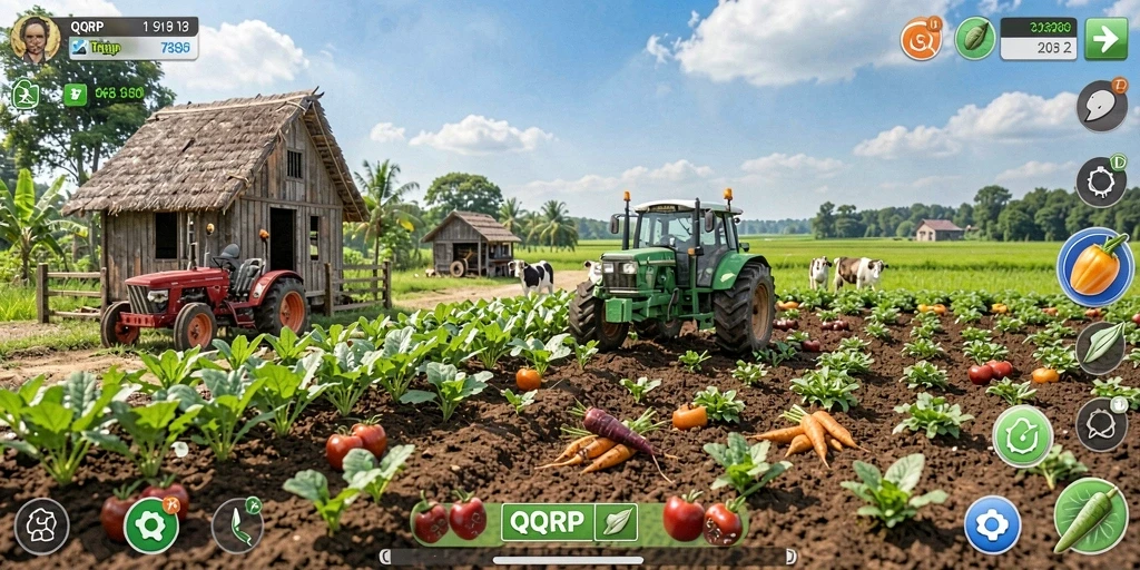 Screenshot gameplay <strong>QQRP</strong> menampilkan petani yang merawat tanaman dan hewan.